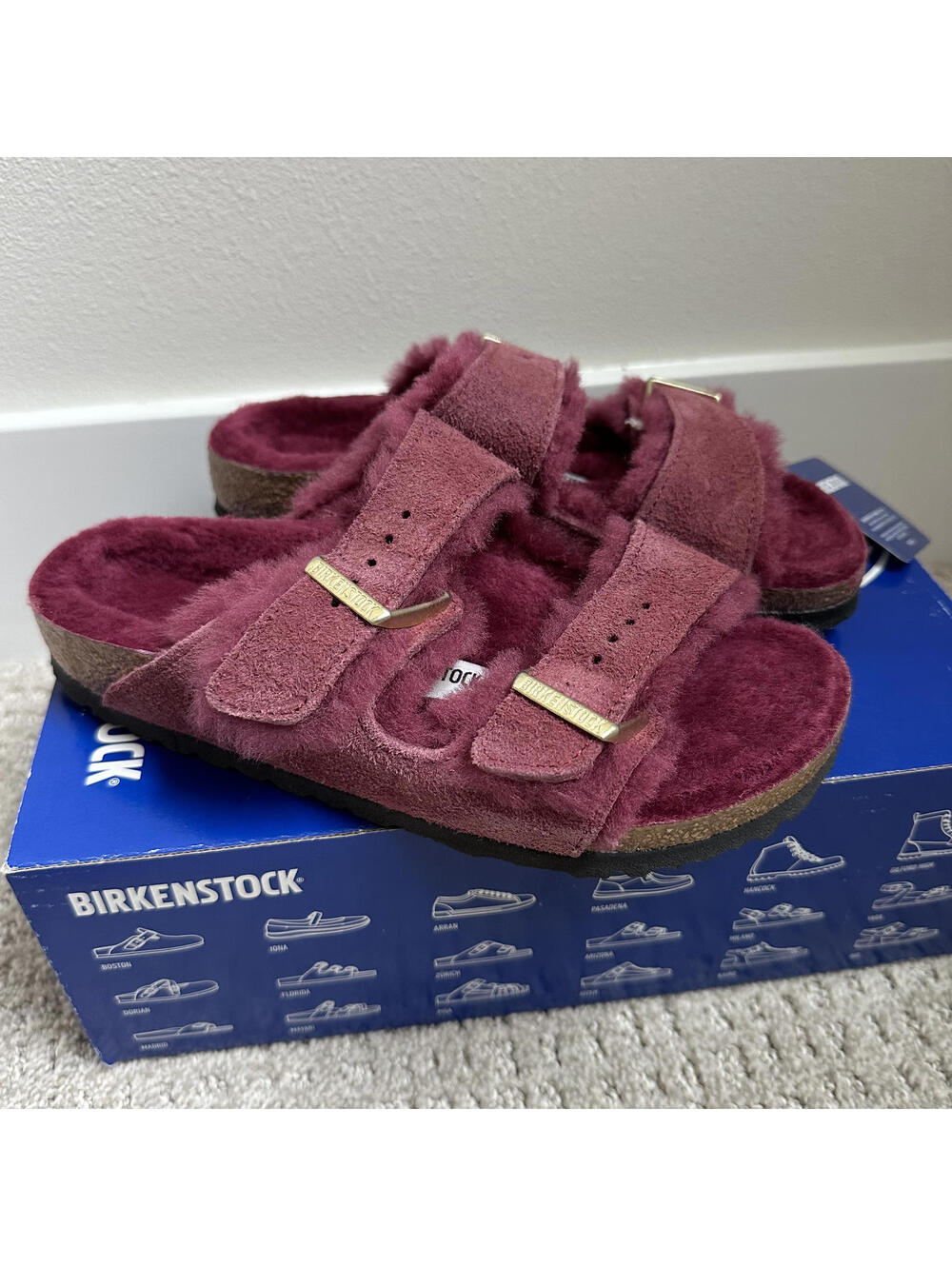 Birkenstock Arizona Shearling Suede Slide Sandal Maroon Red NIB Size 5-5.5/36EU - Picture 3 of 6